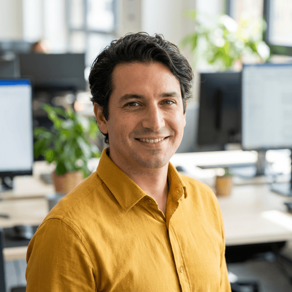 Male HR manager in his late 40s, White, steady and dependable demeanor in a professional setting