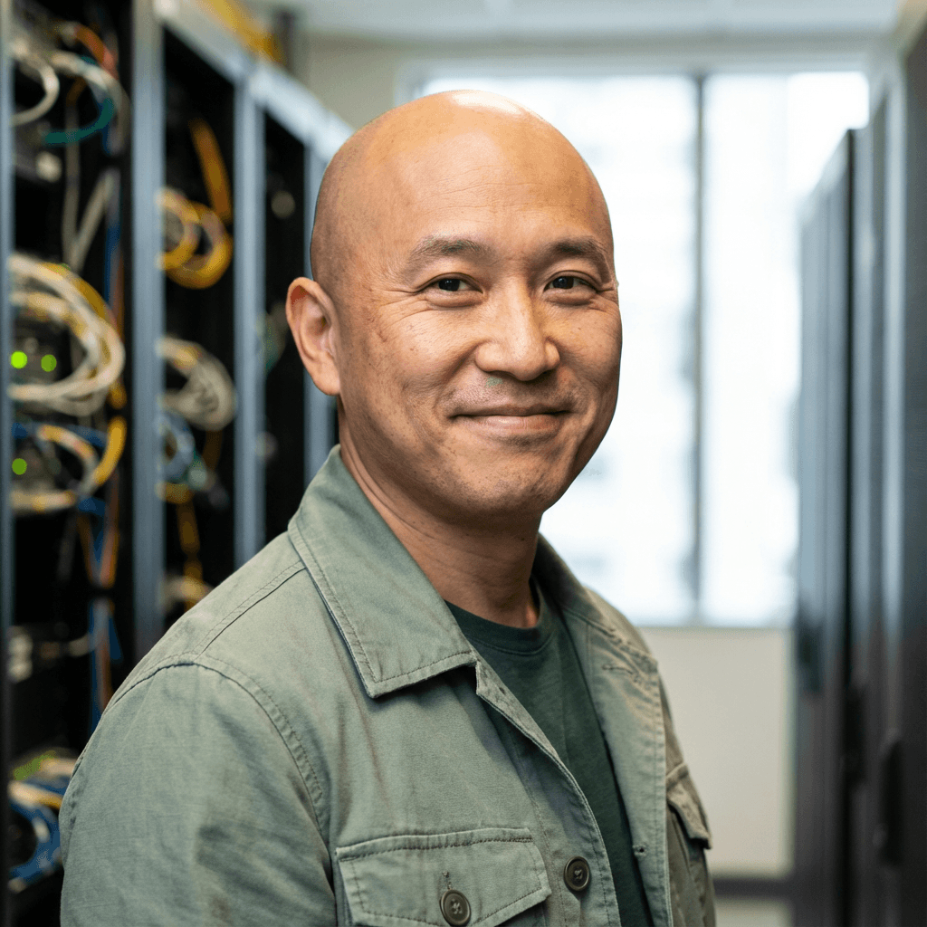 Marcus Chen in a dress shirt in a modern office