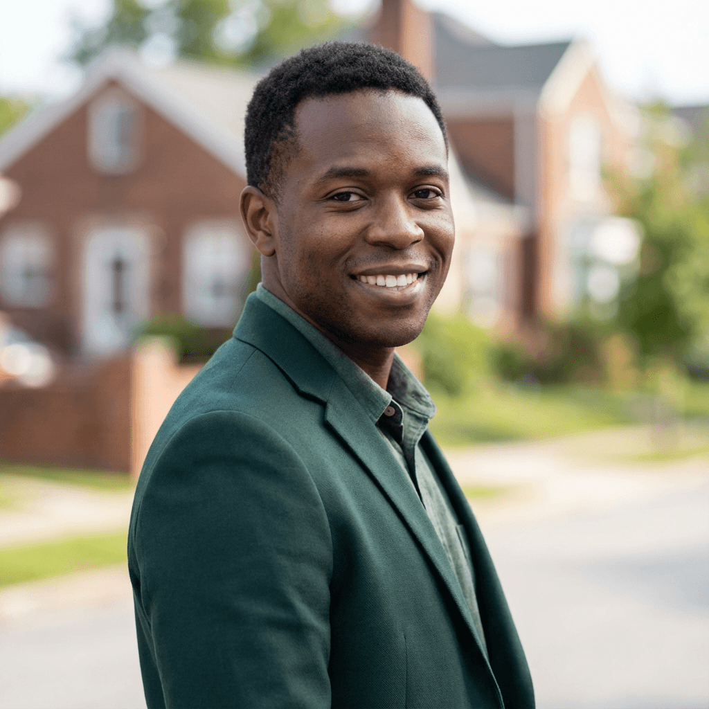 David Okonkwo in a suit smiling in an office