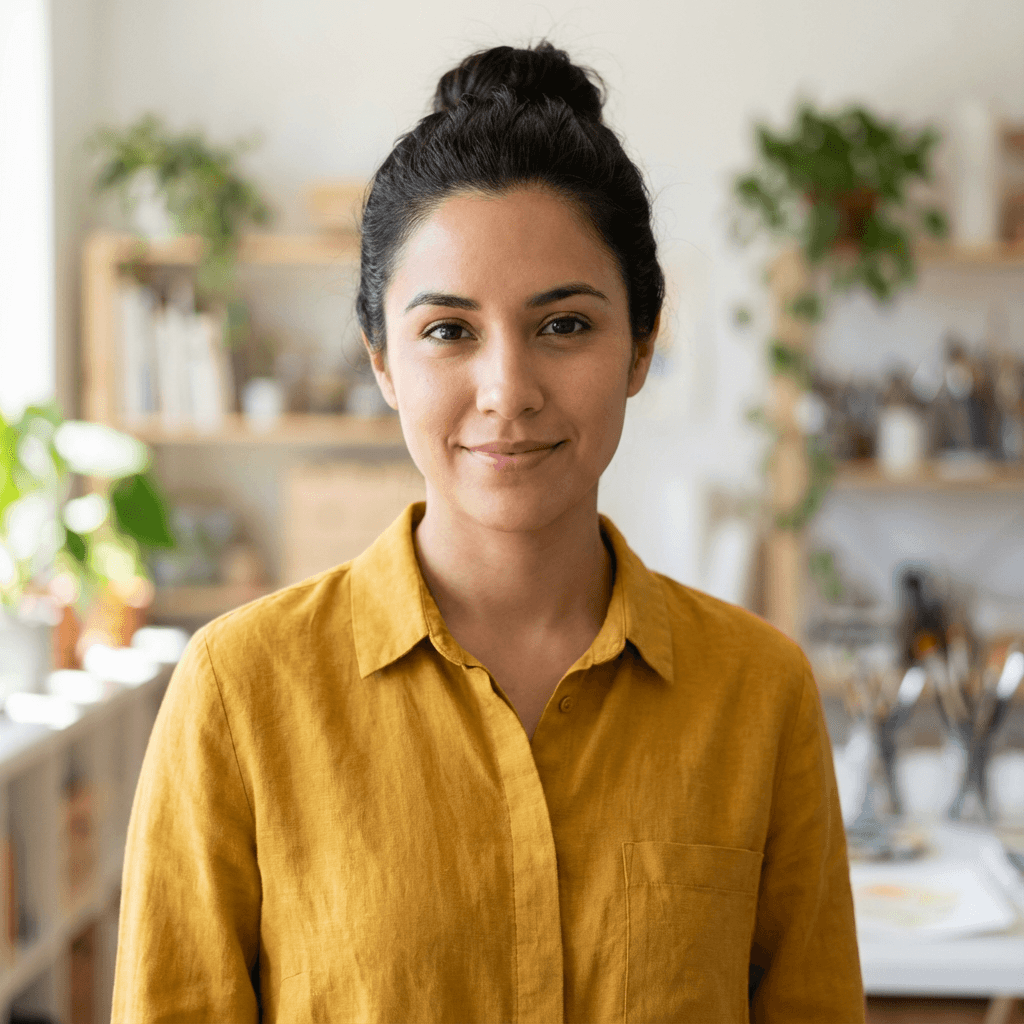 Emily Rodriguez in a blouse by a bookshelf