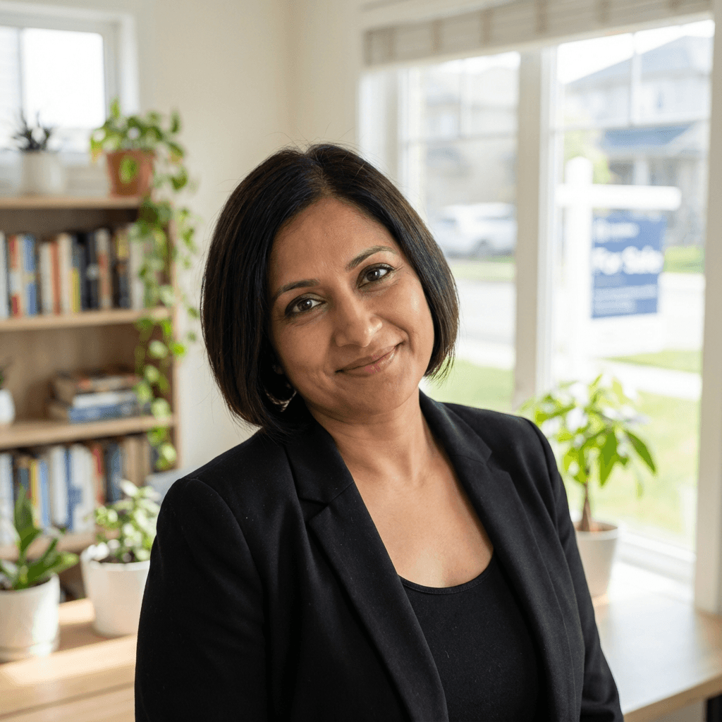 Priya Patel in a blazer in a corporate setting