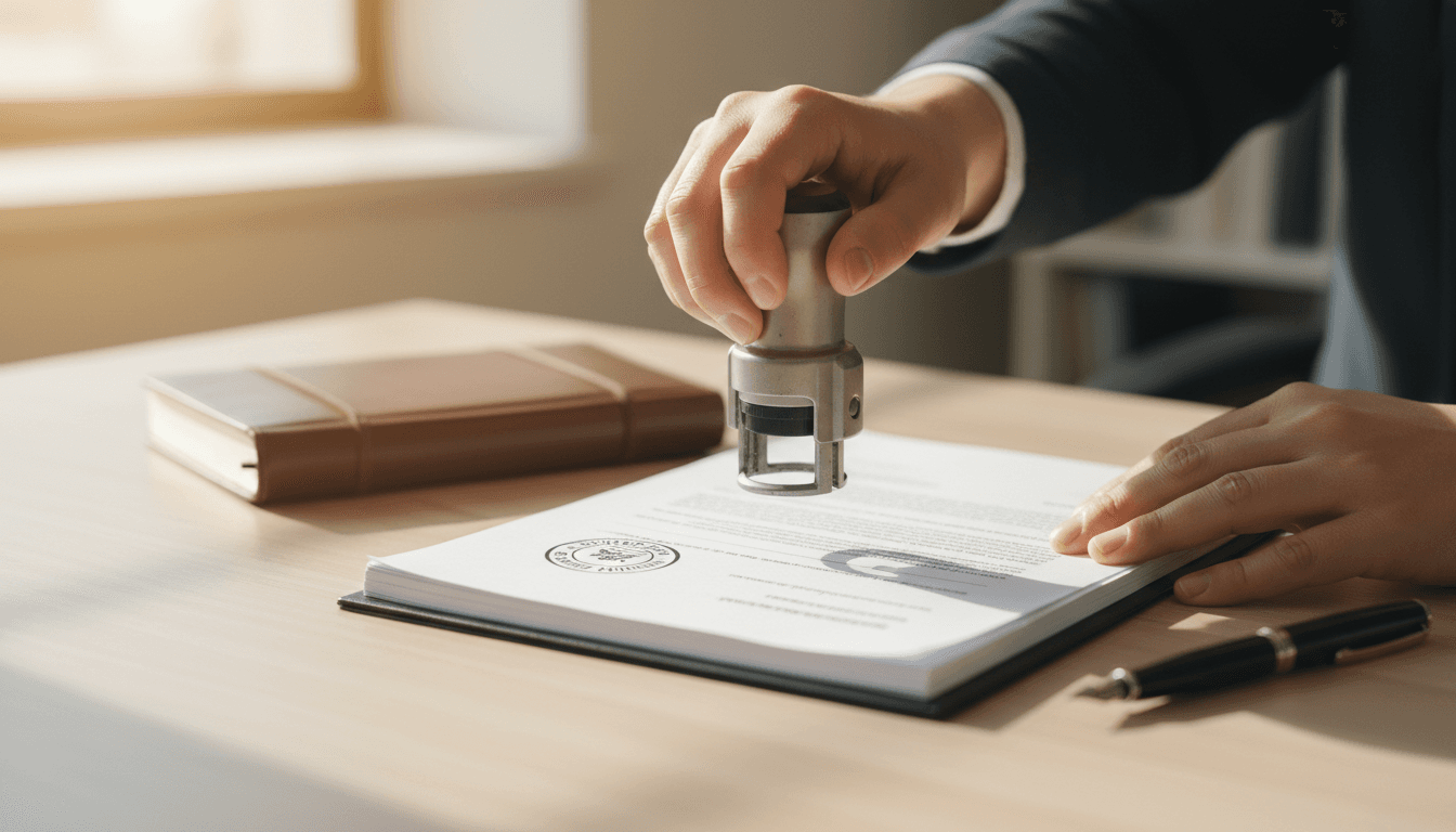Notary stamping an official document
