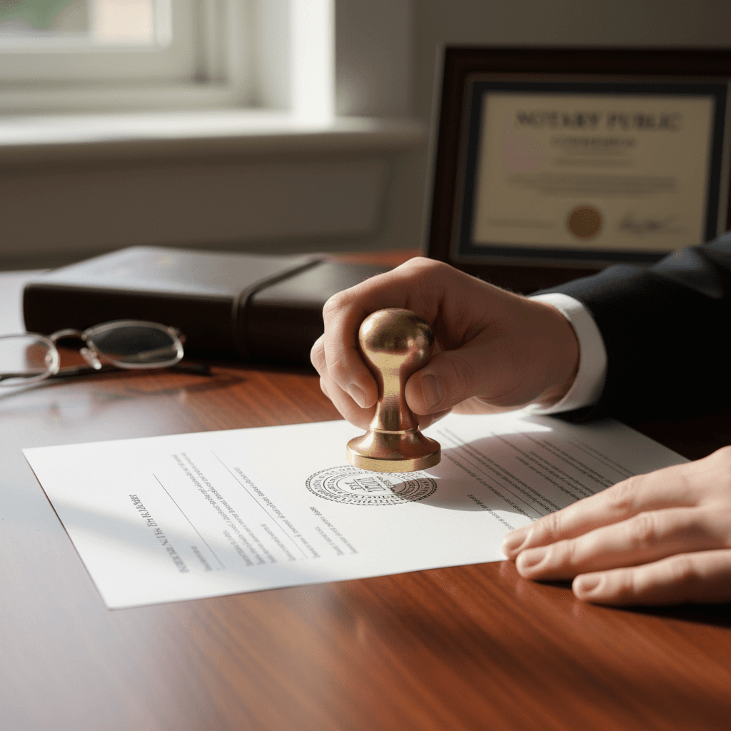 Notary seal on a signed document with a pen and ID nearby